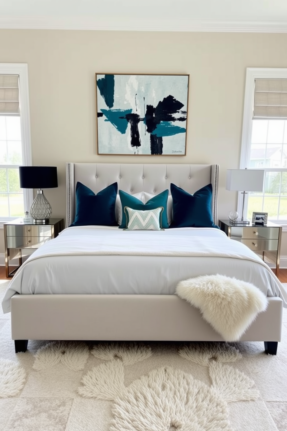 A serene bedroom setting featuring a neutral color palette with soft beige walls and a light gray upholstered headboard. Bold accents are introduced through vibrant throw pillows in deep teal and a striking abstract artwork above the bed. The space includes a stylish nightstand with a sleek lamp that adds a touch of sophistication. A plush area rug in a geometric pattern anchors the room, while large windows allow natural light to flood in, enhancing the overall elegance.