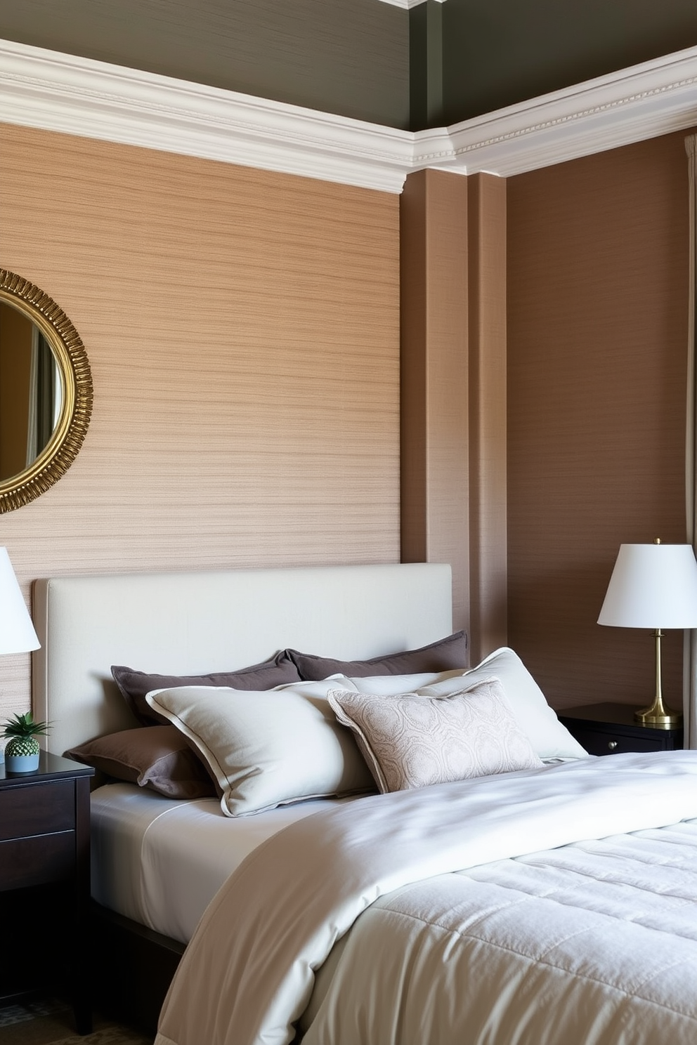 A serene bedroom setting featuring a large upholstered bed with plush bedding in soft neutral tones. Above the bed, a striking statement artwork adds a focal point, complementing the overall color scheme and enhancing the room's elegance. The walls are painted in a calming light gray, while elegant nightstands with stylish lamps flank either side of the bed. A cozy reading nook is created by a comfortable armchair positioned near a window, adorned with delicate curtains that let in natural light.