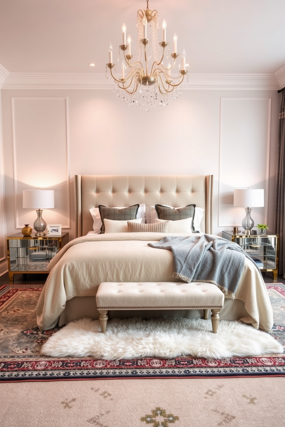 Classic tufted headboard in soft fabric. The bed is dressed in luxurious linens with accent pillows in complementary colors. Warm ambient lighting creates a cozy atmosphere. A stylish bedside table holds a decorative lamp and a stack of books.