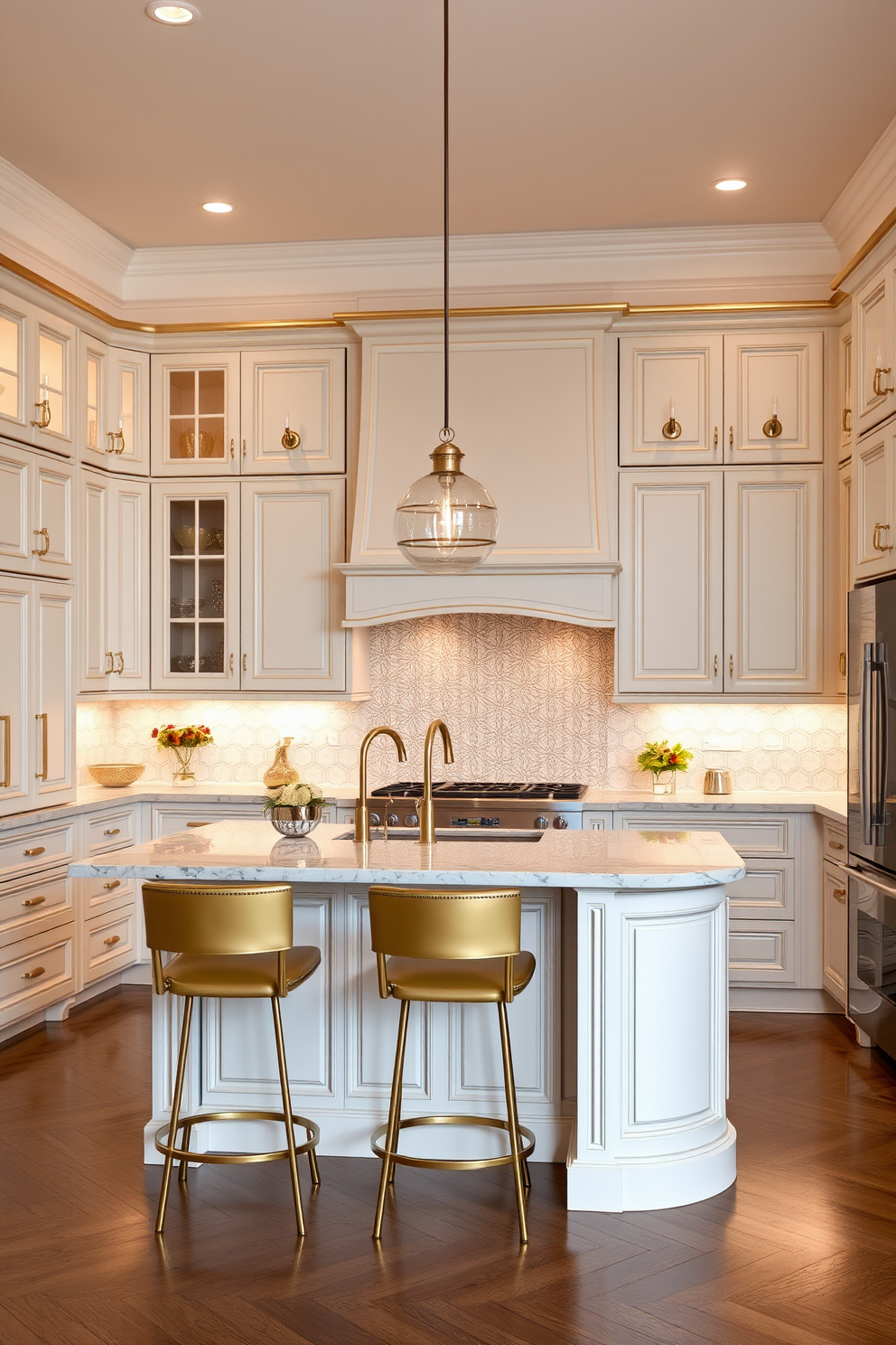 Crisp white cabinetry with gold accents creates a luxurious and inviting atmosphere. The kitchen features a large island with a marble countertop and stylish bar stools, perfect for entertaining guests. The backsplash is adorned with intricate tile work that complements the overall design. Soft pendant lighting hangs above the island, adding warmth and elegance to the space.