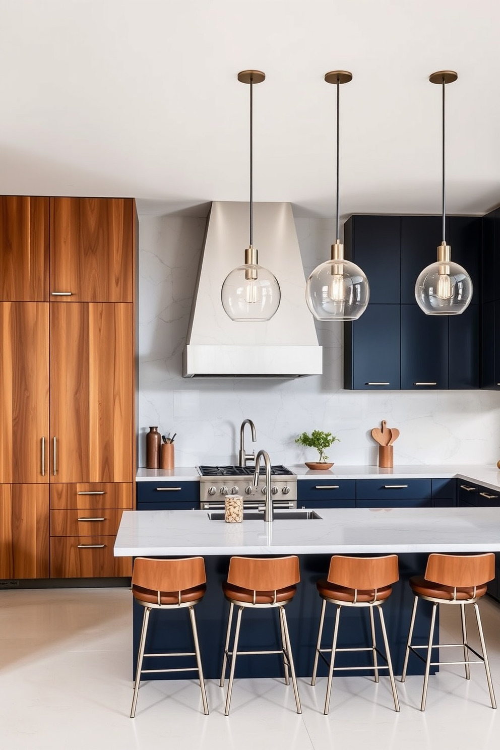 A statement range hood in a bold design hangs above a spacious kitchen island. The island features a sleek quartz countertop with bar stools arranged around it for casual dining. The cabinetry is a mix of deep navy blue and warm wood tones, providing a striking contrast. Pendant lights with a modern finish illuminate the workspace, creating a welcoming atmosphere.