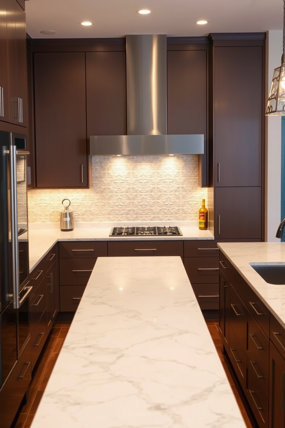 A modern kitchen featuring integrated appliances that blend seamlessly with the cabinetry. The sleek design includes a large island with a waterfall countertop and bar seating for casual dining. The cabinetry is finished in a rich navy blue with brass hardware, creating a sophisticated contrast. Large windows allow natural light to flood the space, highlighting the open layout and inviting atmosphere.