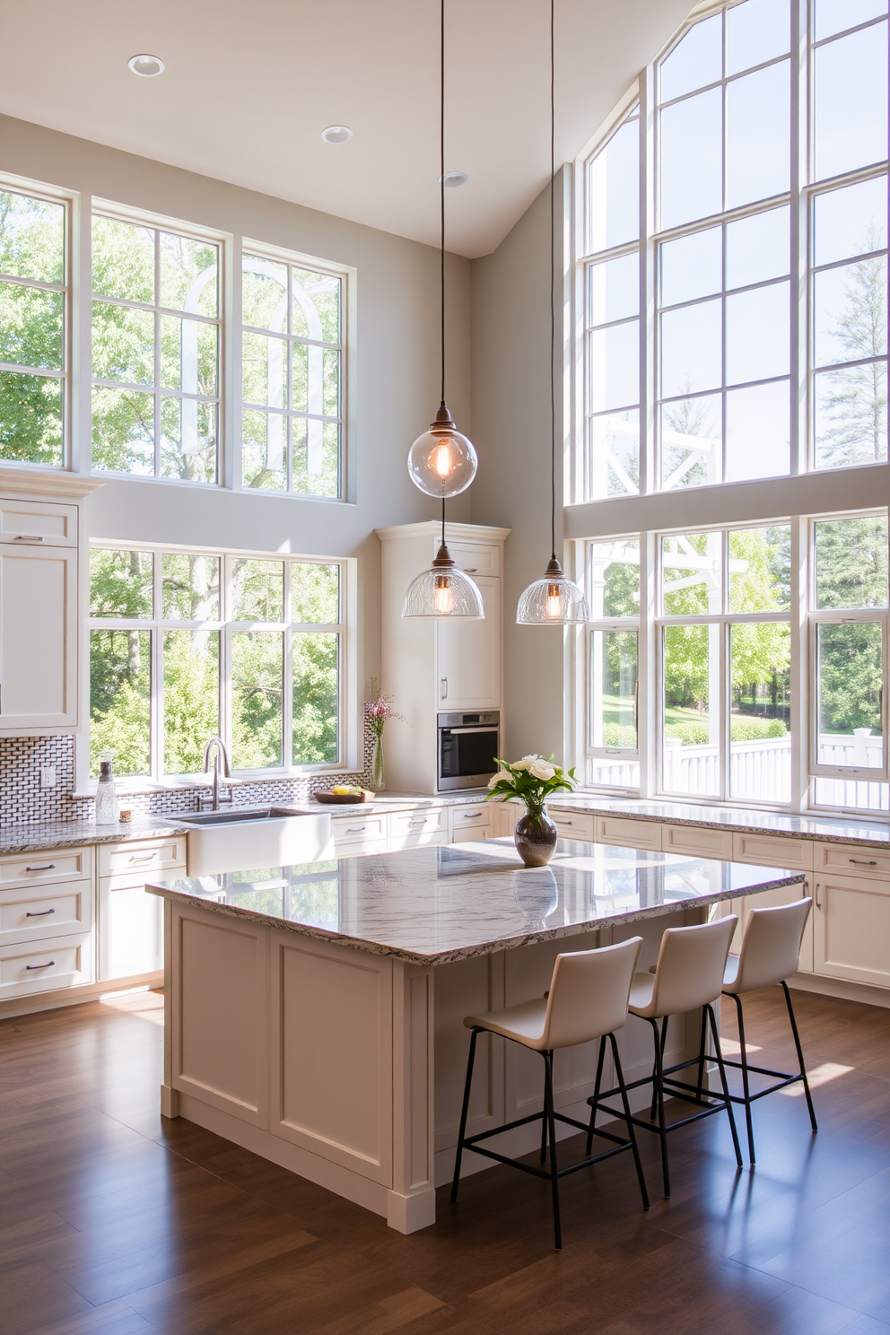 A spacious kitchen bathed in natural light through large floor-to-ceiling windows. The design features a central island with a sleek granite countertop and modern bar stools, complemented by custom cabinetry in a soft white finish. The backsplash is adorned with intricate mosaic tiles that add a touch of sophistication. Pendant lighting hangs gracefully above the island, illuminating the space and enhancing the overall elegance of the kitchen.