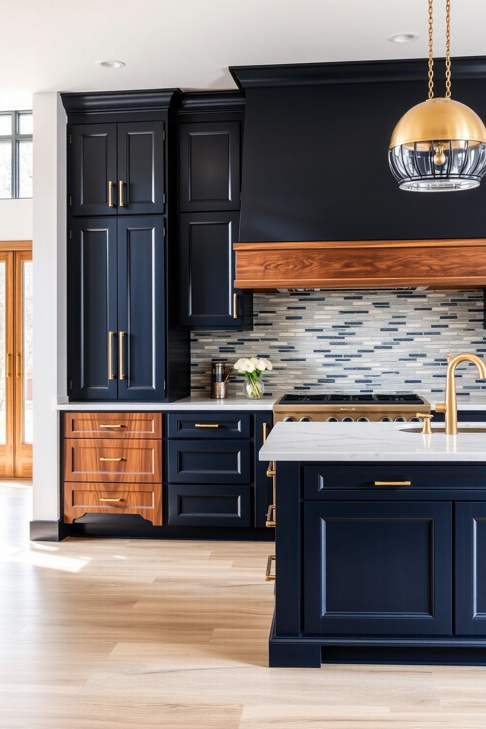 A stunning kitchen featuring a blend of materials such as wood and metal. The cabinetry is a deep navy blue with brass hardware, complemented by a white marble island with a waterfall edge. The backsplash showcases a mix of textured tiles in varying shades of gray. Natural light floods the space through large windows, highlighting the open layout and inviting atmosphere.