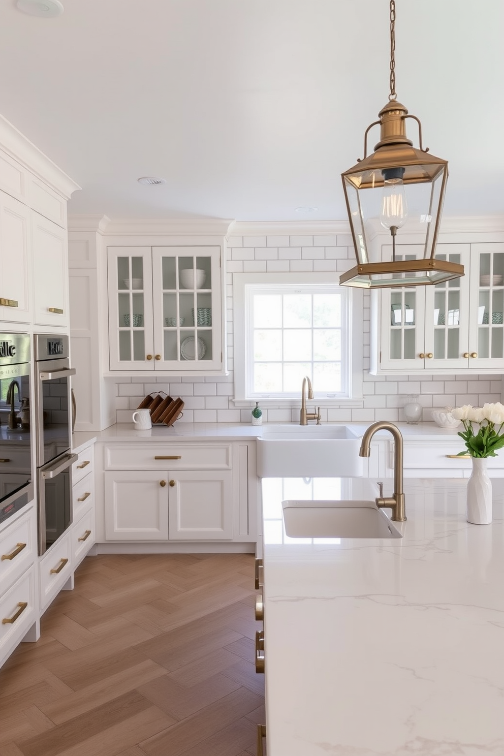 A classic kitchen featuring subway tiles arranged in a herringbone pattern creates a timeless appeal. The cabinetry is painted in a soft white, complemented by brass hardware and a large farmhouse sink. An expansive island serves as the centerpiece, topped with a polished marble surface. Pendant lights with a vintage finish hang above, illuminating the space with warmth and charm.