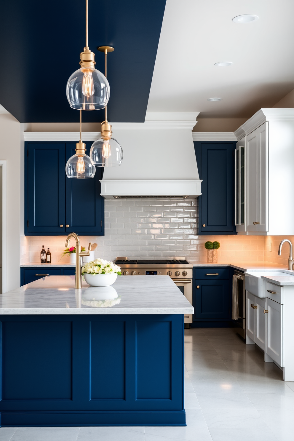 A stunning kitchen featuring a large island with a bold navy blue color that contrasts beautifully with the soft white cabinetry. The countertops are made of light gray quartz, and chic pendant lights hang above the island, adding a touch of sophistication. The backsplash is a classic subway tile in a glossy finish, complementing the overall design. Sleek stainless steel appliances and a farmhouse sink complete the elegant look, making the space both functional and visually appealing.