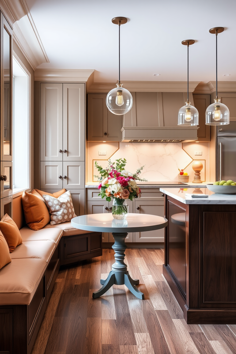 Cozy breakfast nook with built-in seating. Soft cushions in warm tones line the wooden bench, complemented by a round table adorned with a vase of fresh flowers. Elegant kitchen design ideas. Sleek cabinetry in a glossy finish contrasts with a marble backsplash, while pendant lights hang gracefully above a spacious island.