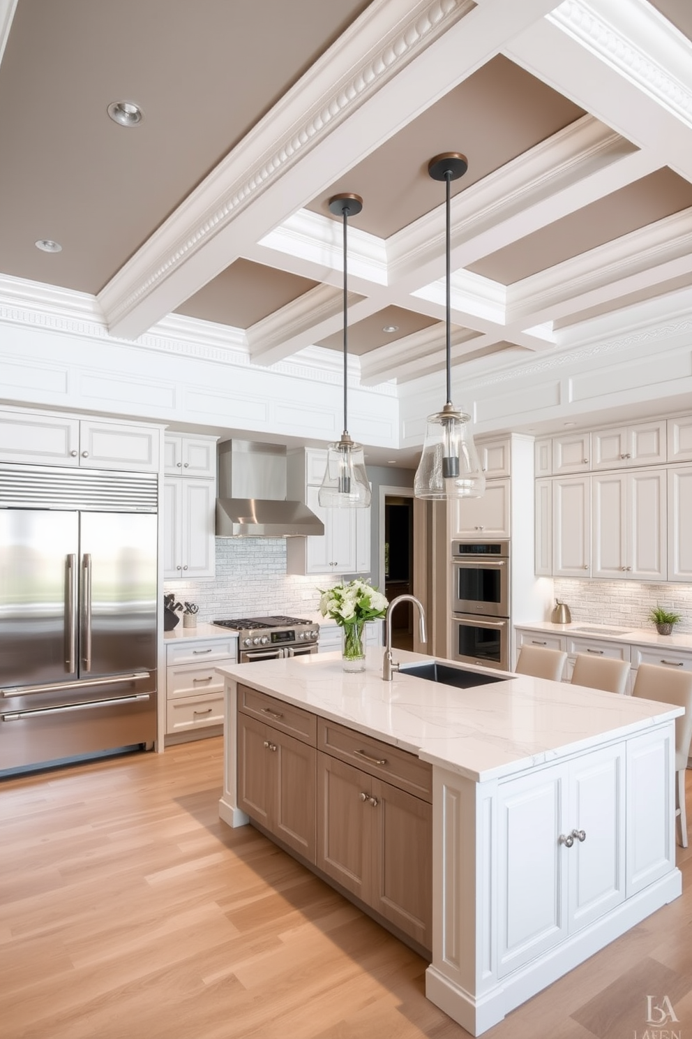 Hidden storage solutions for a clean look. This kitchen features sleek cabinetry with integrated handles and pull-out shelves, maintaining a seamless aesthetic. Elegant kitchen design ideas. The space is adorned with a large island topped with quartz, complemented by bar stools and pendant lighting that adds warmth and sophistication.