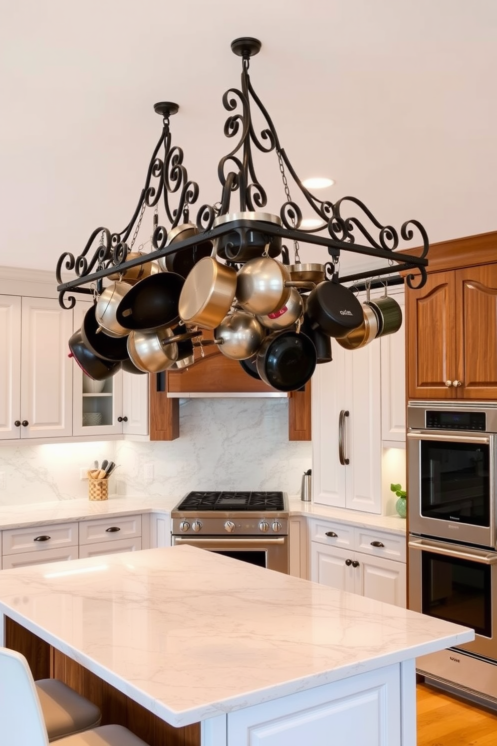 A stylish pot rack made of wrought iron hangs above a spacious kitchen island. The rack is adorned with various pots and pans, creating both a functional and decorative focal point. The kitchen features sleek cabinetry in a soft white finish paired with a striking marble backsplash. Warm wood accents complement the modern appliances, enhancing the overall elegance of the space.