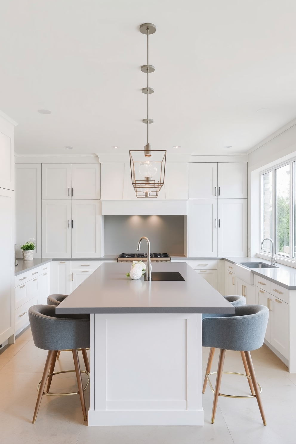 A sophisticated kitchen design featuring a seamless blend of whites and grays. The cabinetry is a crisp white with sleek gray countertops, creating a clean and modern aesthetic. A large kitchen island sits at the center, adorned with stylish bar stools in a soft gray fabric. Pendant lights with a minimalist design hang above the island, providing warm illumination to the space.