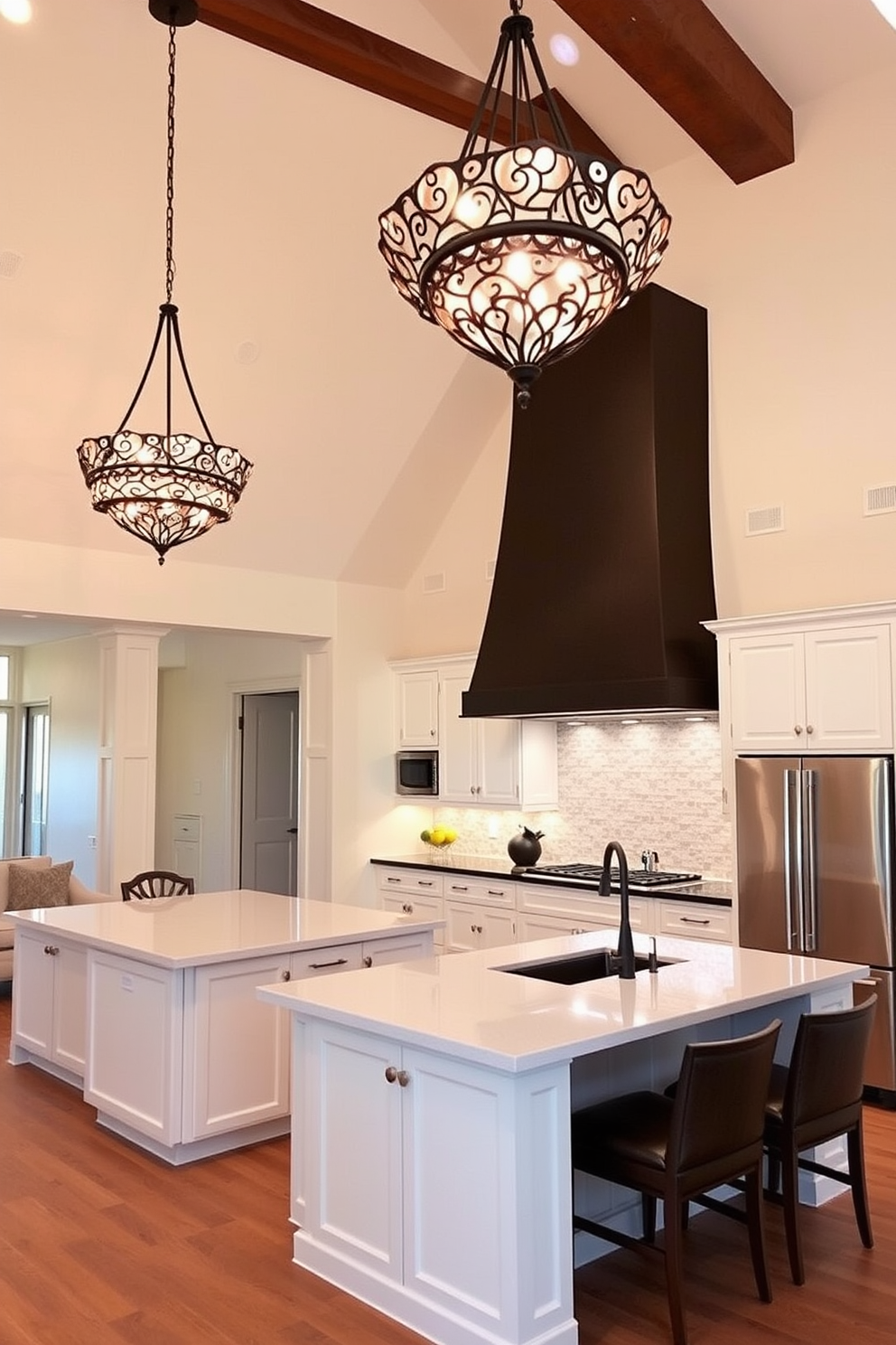 A spacious kitchen with high ceilings showcases unique light fixtures that serve as stunning focal points. The fixtures feature intricate designs and warm lighting, enhancing the overall ambiance of the space. The kitchen boasts sleek cabinetry in a soft white finish, complemented by a large island with a contrasting dark countertop. Stainless steel appliances seamlessly integrate into the design, creating a modern yet inviting atmosphere.