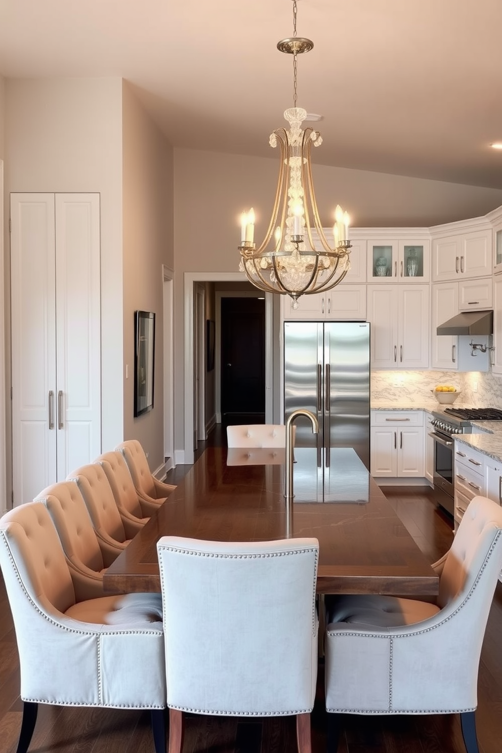 An elegant dining area adjacent to the kitchen features a long wooden table with plush upholstered chairs. A statement chandelier hangs above the table, illuminating the space with a warm glow. The kitchen showcases sleek cabinetry in a soft white finish, complemented by a large central island topped with a luxurious granite surface. Stainless steel appliances seamlessly blend into the design, creating a modern yet inviting atmosphere.