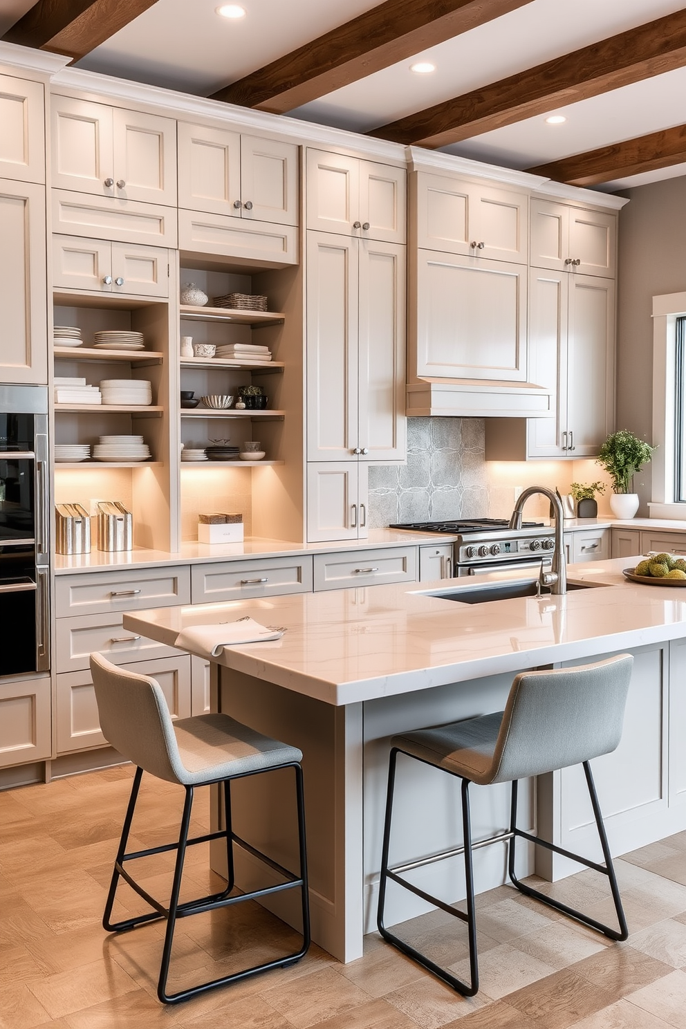 Custom cabinetry designed to maximize storage features sleek lines and a soft color palette. The cabinets are equipped with innovative pull-out shelves and hidden compartments that blend seamlessly with the overall kitchen aesthetic. The kitchen layout encourages an open flow, with a large island at the center topped with a beautiful quartz surface. Stylish bar stools line one side, providing a perfect spot for casual dining or entertaining guests.