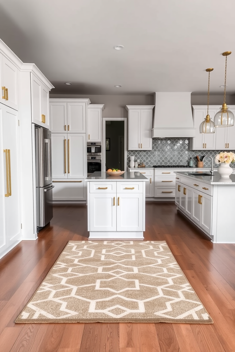 A chic rug is placed in the center of the kitchen, featuring a geometric pattern that complements the cabinetry. The rug adds warmth and texture, beautifully defining the cooking and dining areas within the open space. The kitchen showcases sleek cabinetry in a soft white finish, paired with brushed gold hardware for a touch of elegance. A spacious island with a quartz countertop serves as a focal point, providing both functionality and style for gatherings.