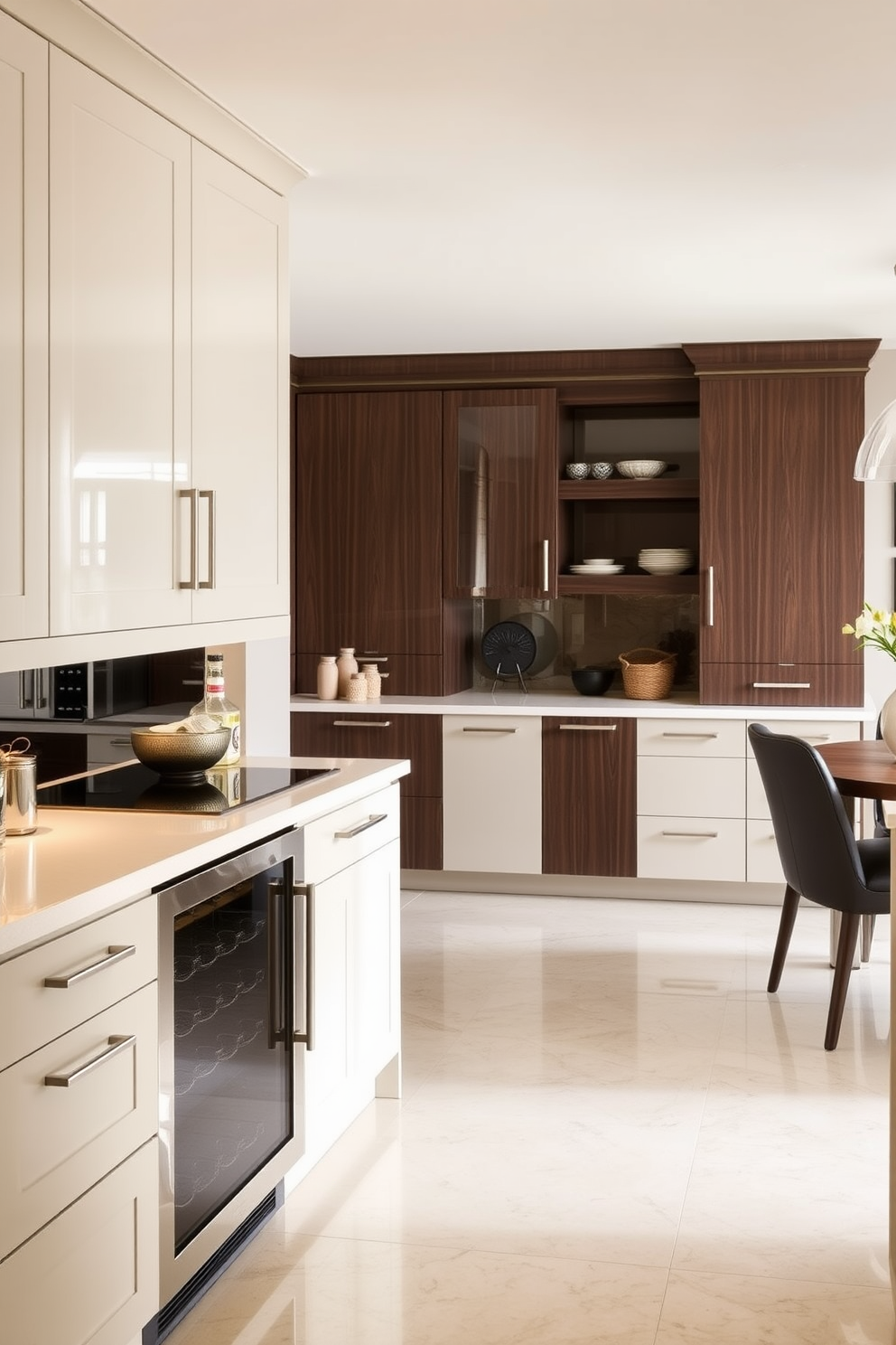 A classic kitchen featuring white subway tiles that create a clean and timeless backdrop. The cabinetry is a soft gray with brass hardware, complemented by a large farmhouse sink and a spacious island topped with a rich walnut countertop. Natural light floods the space through a set of large windows, illuminating the open layout. A tasteful arrangement of fresh herbs in decorative pots adds a touch of greenery to the kitchen.