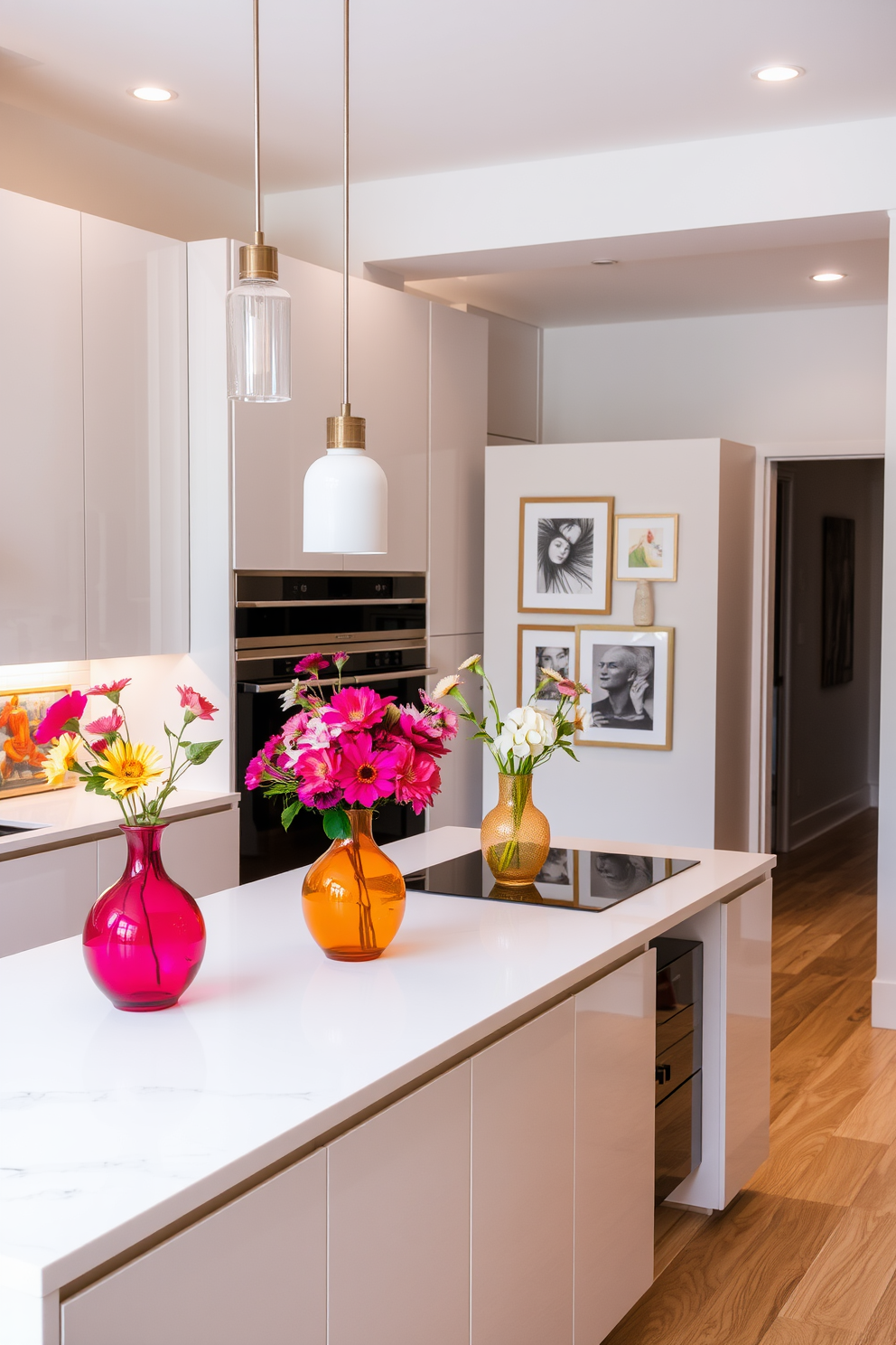 A modern kitchen featuring sleek cabinetry with a glossy finish and a large island in the center. The countertops are made of white quartz, and pendant lights hang above the island, creating a warm ambiance. Decorative accents include vibrant vases filled with fresh flowers placed on the countertop and a curated selection of art pieces adorning the walls. The overall color palette is a harmonious blend of soft neutrals and bold accents, enhancing the kitchen's elegance.