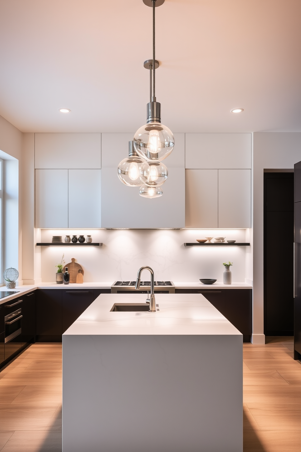 Elegant pendant lights hang gracefully over a sleek kitchen island, illuminating the space with a warm glow. The kitchen features high-end finishes, including a marble countertop and custom cabinetry in a soft white hue.