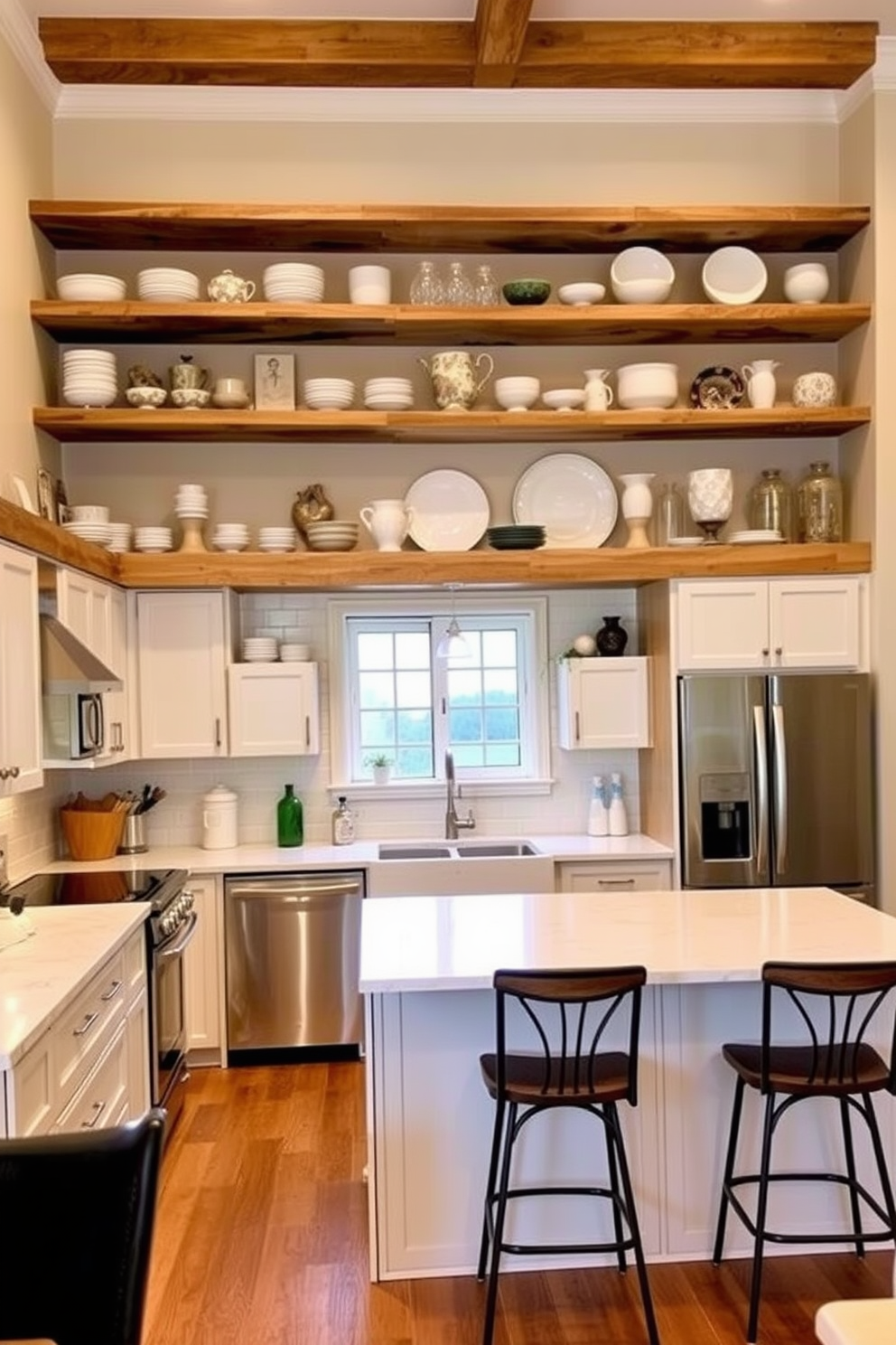 Open shelving adorned with an array of decorative dishware creates a stunning focal point in the kitchen. The shelves are crafted from reclaimed wood, providing a rustic charm that complements the modern appliances. A spacious island with a sleek quartz countertop serves as the centerpiece, surrounded by stylish bar stools. The cabinetry features a soft white finish, harmonizing beautifully with the warm tones of the wooden shelves.