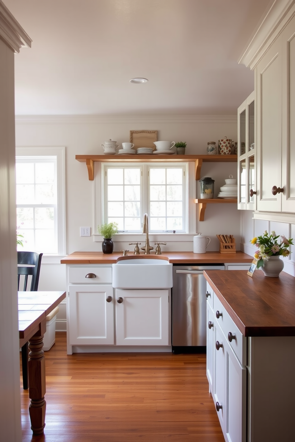 A charming kitchen featuring a farmhouse sink with a vintage faucet that adds a touch of nostalgia. The cabinetry is painted in soft white, complemented by a rustic wooden countertop and open shelving displaying decorative dishware. Natural light floods the space through large windows, illuminating the warm tones of the hardwood floor. A cozy dining nook with a reclaimed wood table and comfortable seating enhances the inviting atmosphere.