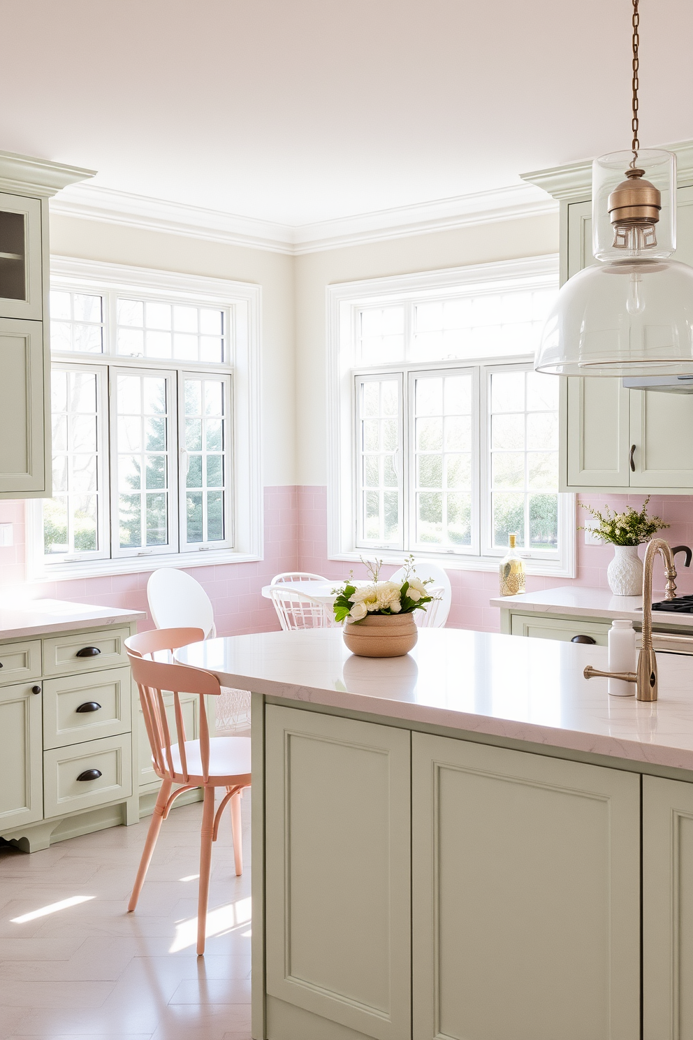 A serene kitchen space featuring soft pastel colors that create a calming atmosphere. The cabinetry is painted in a light mint green, complemented by a pale pink backsplash and white marble countertops. Natural light floods the room through large windows, illuminating a cozy breakfast nook with a round table and pastel-colored chairs. Elegant pendant lights hang above the island, adding a touch of sophistication to the overall design.