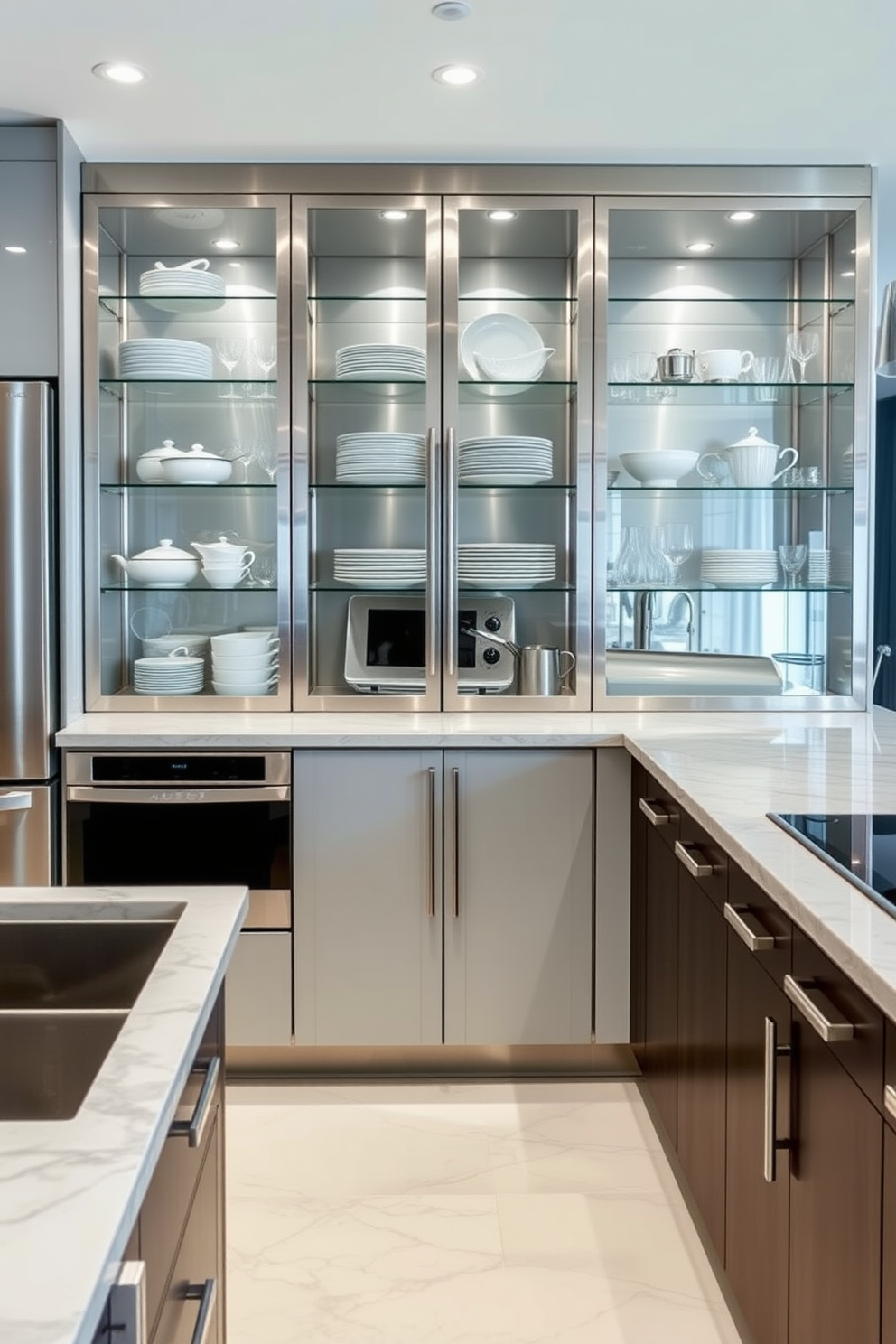 A modern kitchen featuring glass-front cabinets that elegantly display fine dishware. The cabinets are framed in sleek stainless steel, complementing the polished marble countertops and high-end appliances.