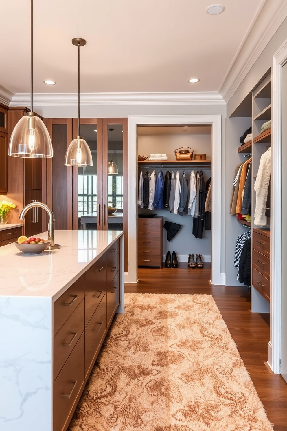 A sleek walk-in closet features glass doors that allow natural light to flood the space. The soft ambient lighting enhances the luxurious feel, creating a serene atmosphere for organizing clothing and accessories. Inside, custom shelving and hanging rods are strategically placed to maximize storage while maintaining an elegant aesthetic. Plush carpeting underfoot adds comfort, while a stylish ottoman provides a perfect spot for putting on shoes.