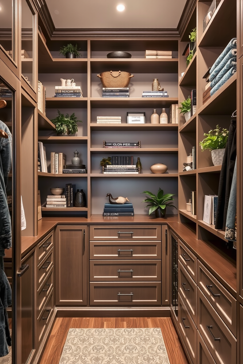 Open shelving for decorative storage. The shelves are arranged asymmetrically, showcasing an array of curated decor items, books, and plants to create a personalized display. Elegant Walk-In-Closet Design Ideas. The closet features custom cabinetry with a mix of hanging space and drawers, complemented by soft lighting that highlights the luxurious materials and finishes.