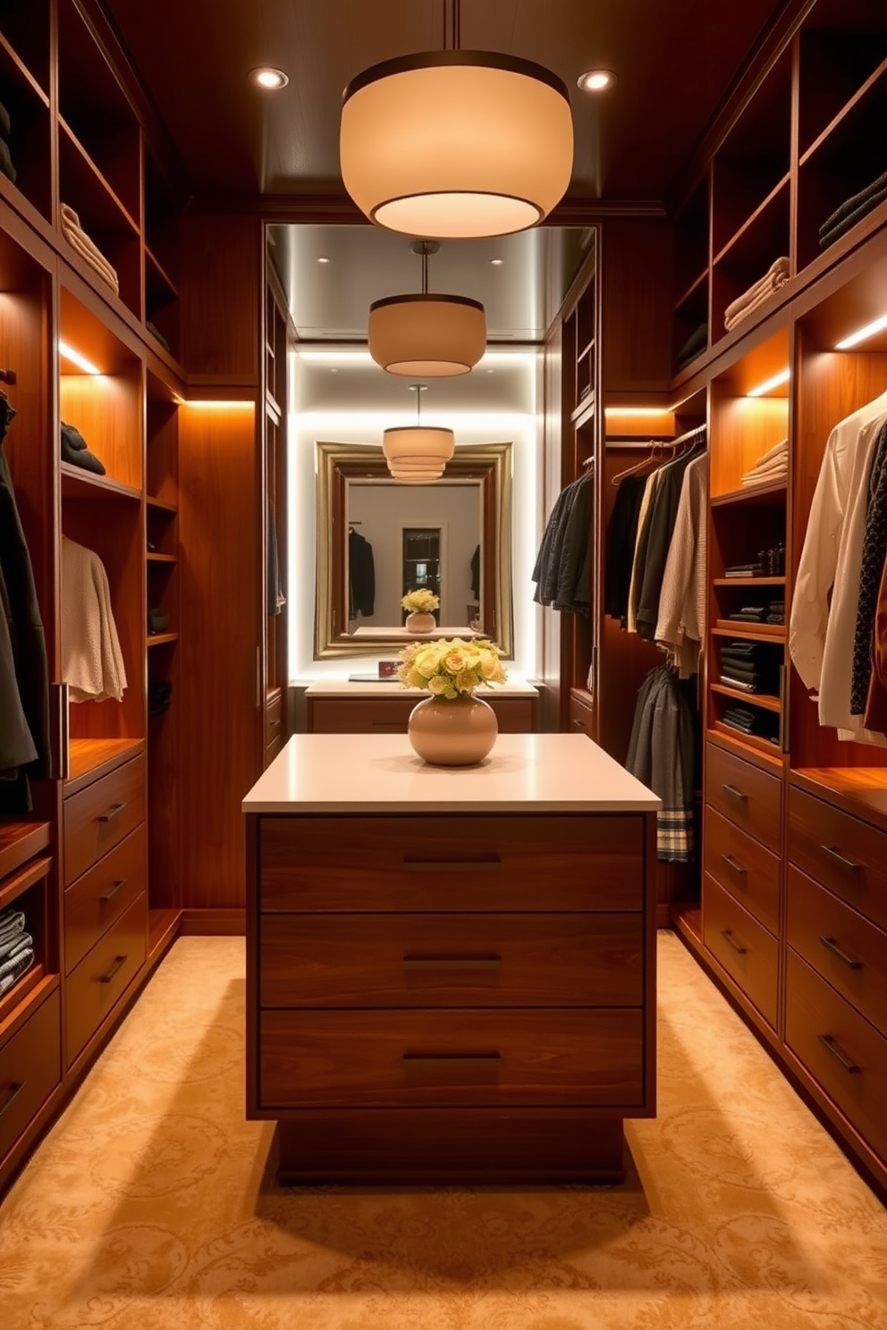 A warm and inviting walk-in closet features soft mood lighting that highlights the rich wood cabinetry and plush carpet. The space is adorned with stylish shelving and hanging areas, creating an organized yet luxurious feel. The closet is designed with a central island that includes drawers for accessories, illuminated by subtle LED strips. A large mirror reflects the ambient light, enhancing the cozy atmosphere and making the space feel larger and more welcoming.