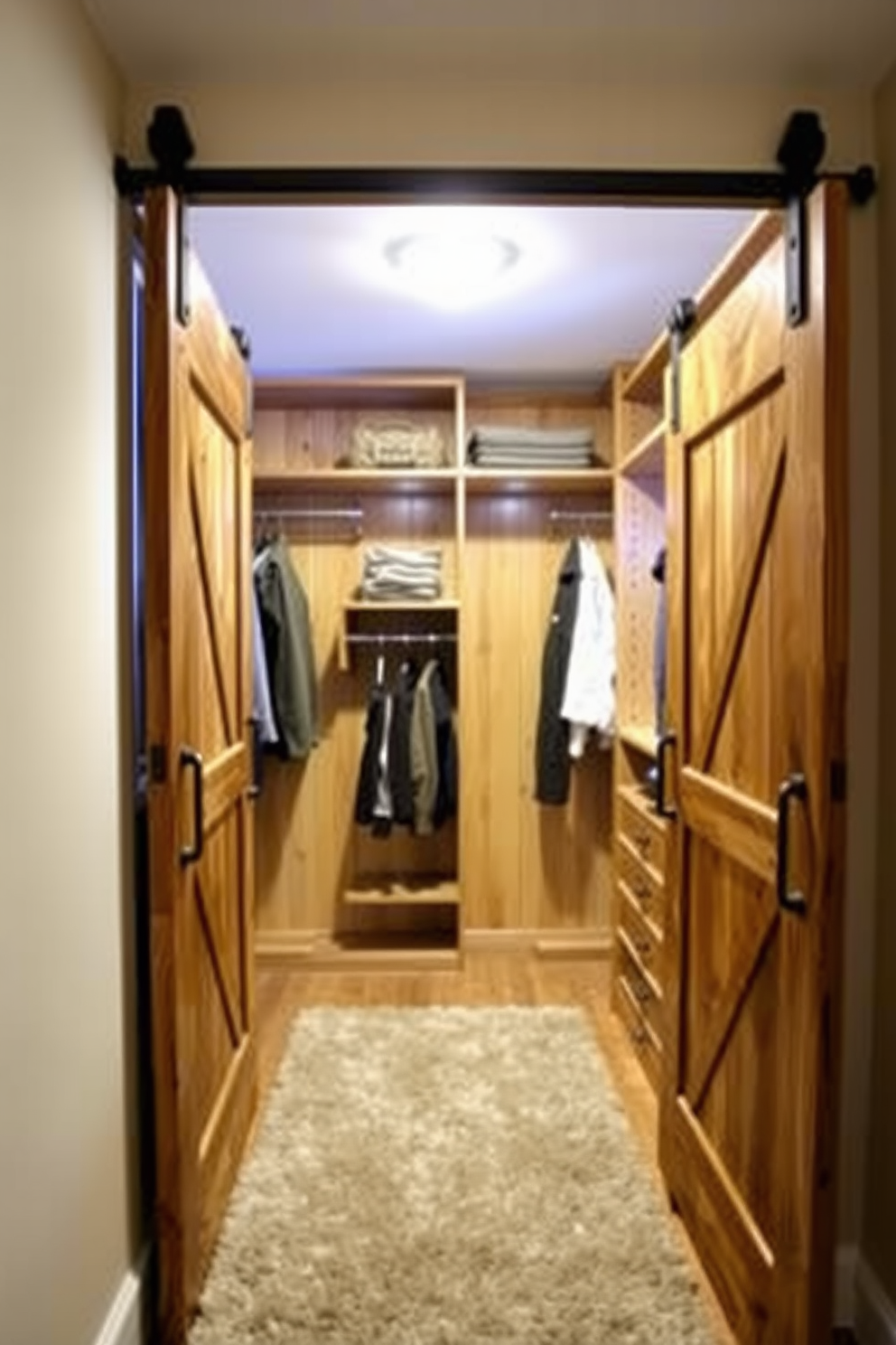 A cozy walk-in closet featuring sliding barn doors adds a rustic charm to the space. The interior is designed with wooden shelves and hanging rods, providing ample storage for clothes and accessories. The closet is illuminated by warm lighting that highlights the natural wood finishes. A plush area rug in neutral tones adds comfort underfoot, creating an inviting atmosphere for dressing.