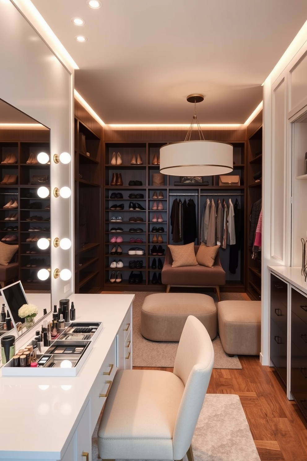 A luxurious walk-in closet featuring color-coordinated clothing organization. The space includes custom shelving and hanging rods that showcase a variety of garments in harmonious shades. Soft lighting illuminates the area, highlighting a plush area rug in the center. Elegant accessories such as a stylish ottoman and decorative mirrors enhance the overall sophistication of the design.