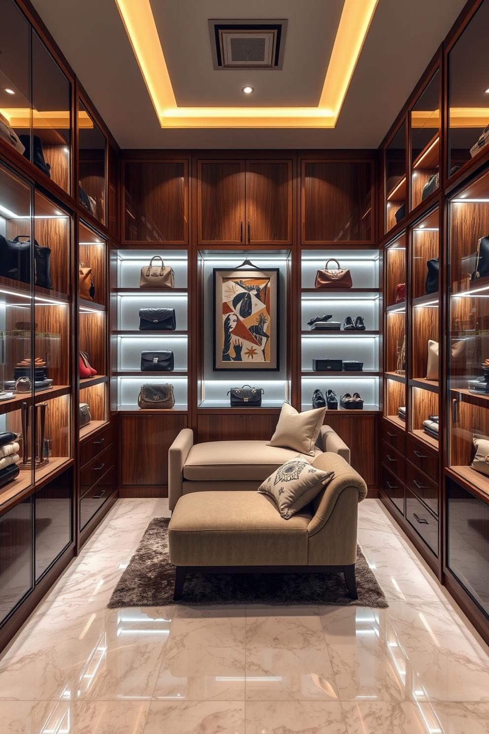 A luxurious walk-in closet featuring hidden lighting integrated into the shelving units. The shelves are filled with neatly organized shoes and accessories, while soft ambient lighting highlights the textures of the fabrics and finishes.