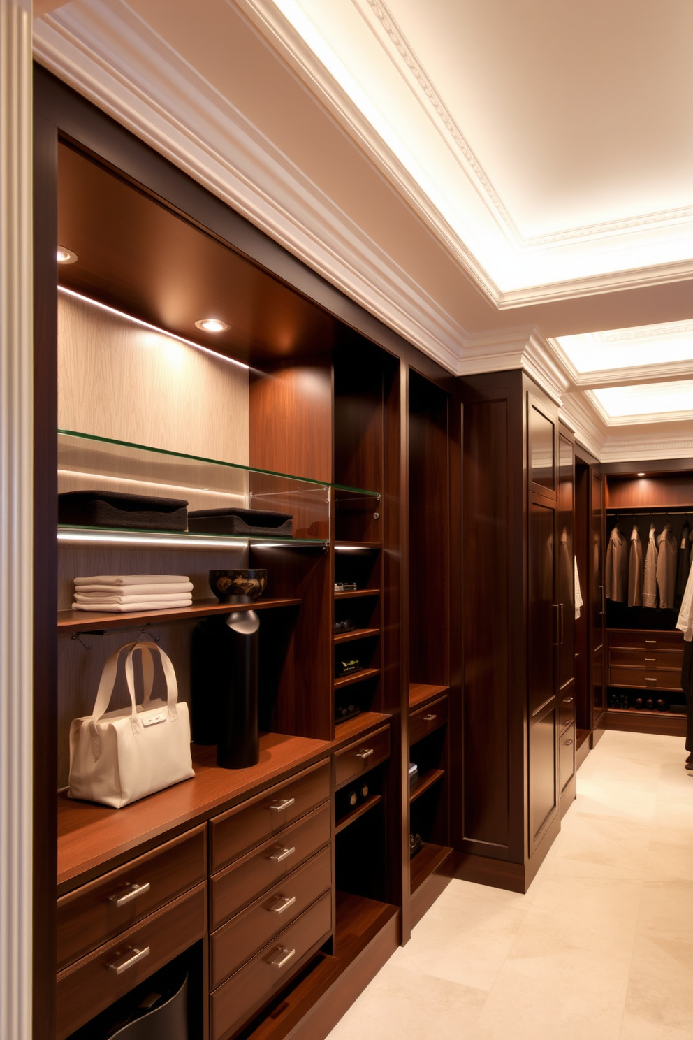 Crown molding adds an upscale finish to any room, enhancing the overall elegance and sophistication of the space. The intricate details of the molding create a seamless transition between walls and ceilings, elevating the design aesthetic. An elegant walk-in closet features custom shelving and organized storage solutions to maximize space and functionality. Soft lighting and luxurious materials create a refined atmosphere, making the closet a stylish retreat for clothing and accessories.