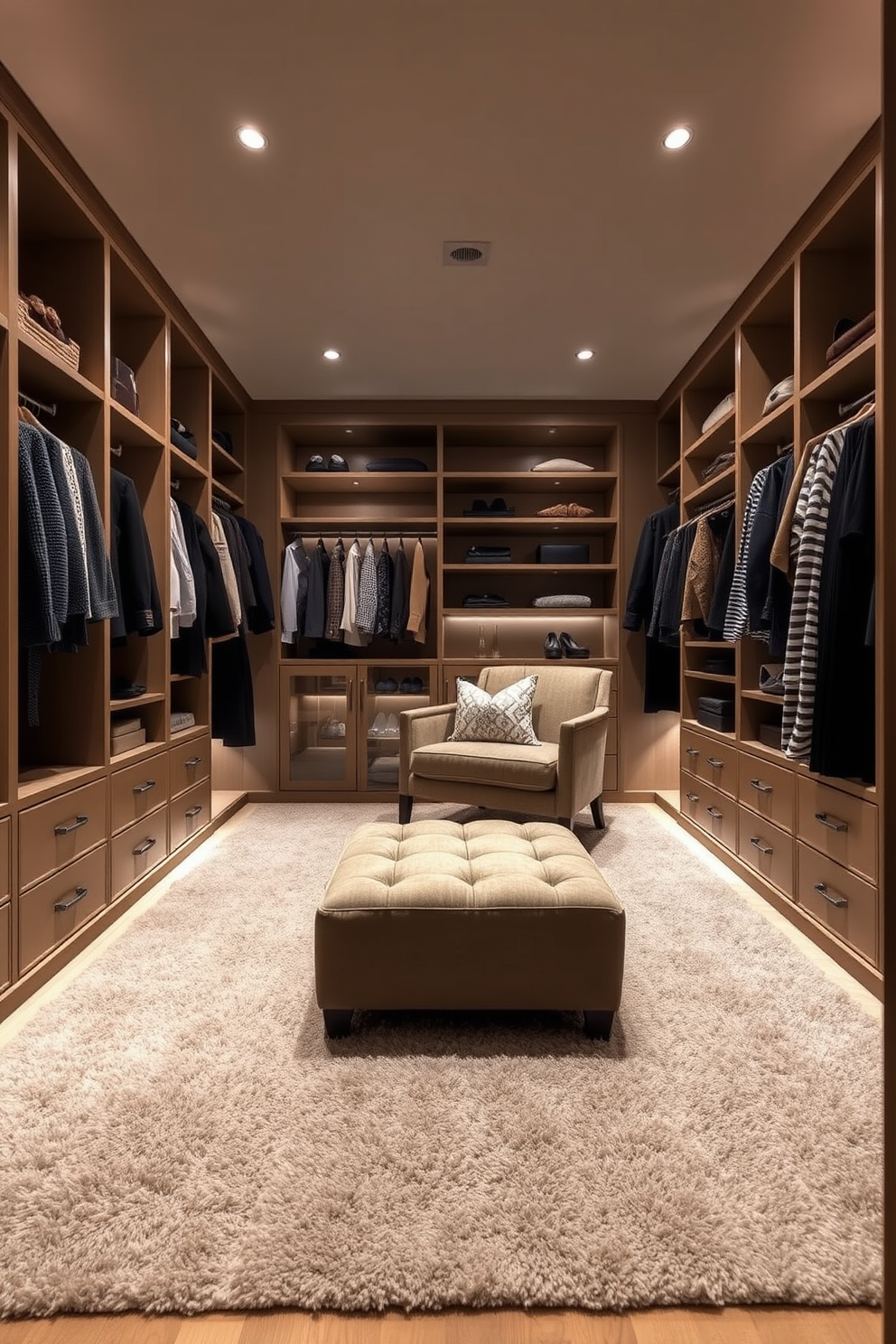 A cozy and inviting walk-in closet featuring textured rugs that add warmth to the space. The closet is designed with custom shelving and hanging areas, illuminated by soft recessed lighting that enhances the luxurious feel. The walls are adorned with a soft neutral color, creating a serene atmosphere. An elegant seating area with a plush ottoman is included, providing a perfect spot to relax while choosing outfits.