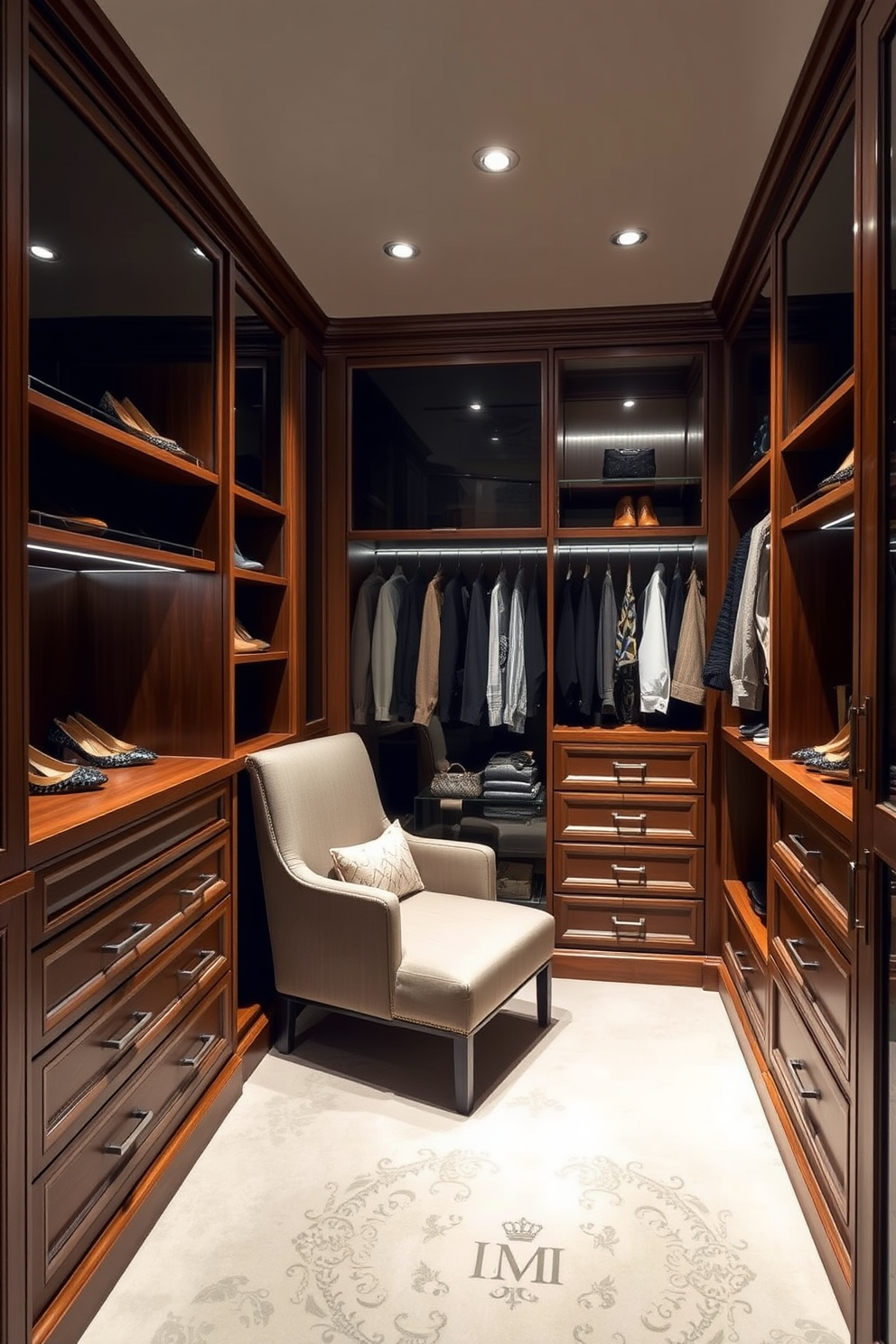 A luxurious walk-in closet featuring personalized monogrammed storage solutions. The space is adorned with custom cabinetry in a rich wood finish, providing ample storage for shoes and accessories. Soft lighting illuminates the area, highlighting the elegant design of the closet. A plush seating area invites relaxation and contemplation while choosing outfits.