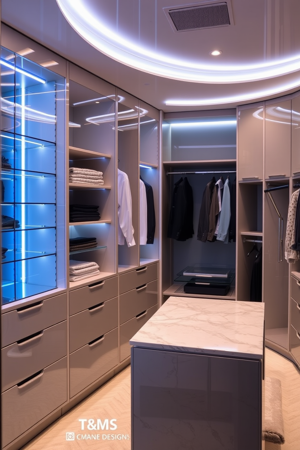 A luxurious walk-in closet features floor-to-ceiling shelves lined with designer handbags and accessories. Soft ambient lighting highlights the rich textures of the materials used, creating a sophisticated atmosphere. The closet includes a plush seating area adorned with decorative cushions, providing a perfect spot for trying on shoes or accessories. Mirrored surfaces enhance the sense of space while reflecting the exquisite collection on display.