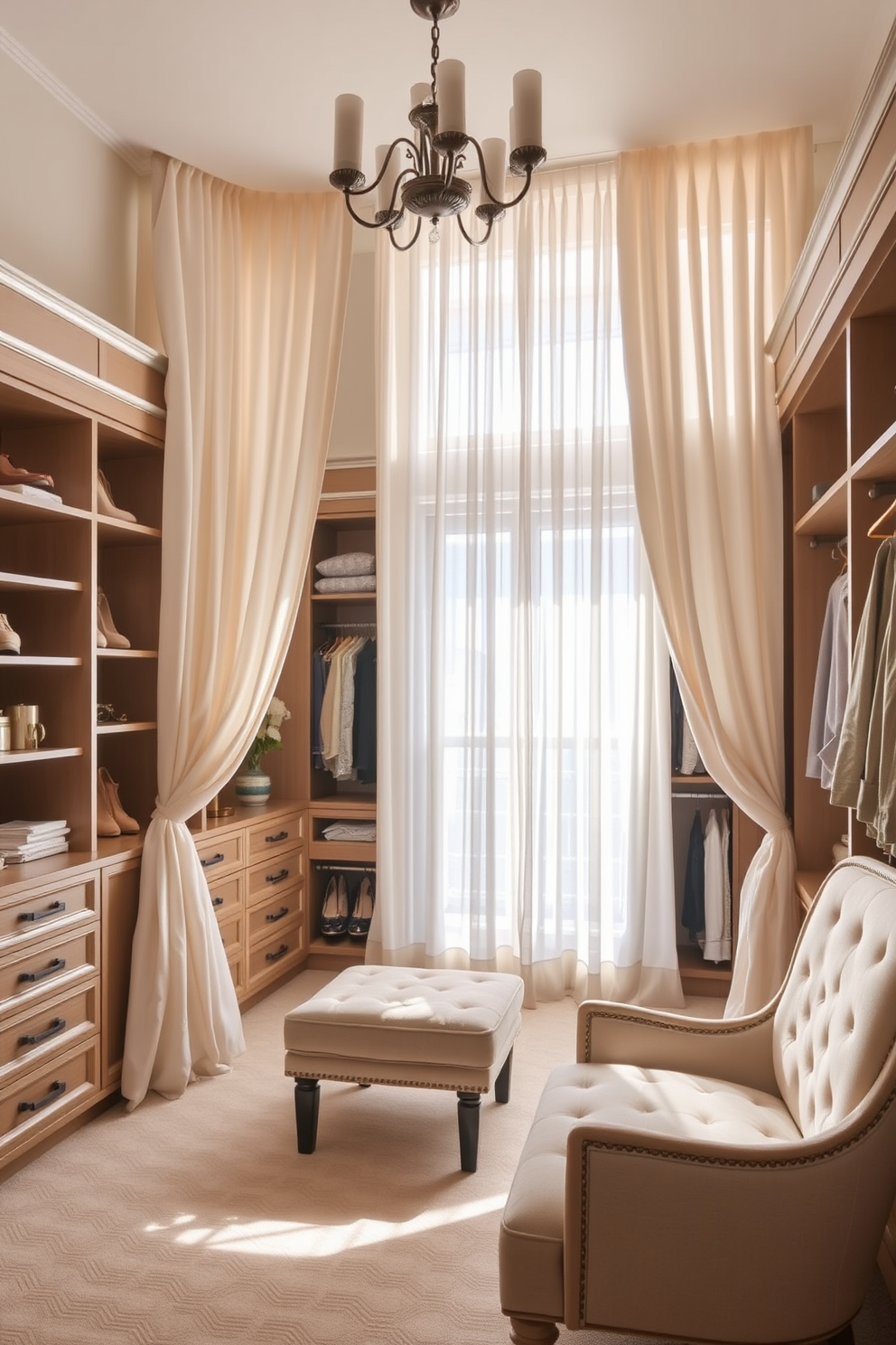 A luxurious walk-in closet featuring multi-tiered hanging rods for optimal organization and versatility. The space is illuminated by soft recessed lighting, highlighting the rich wood cabinetry and plush carpet underfoot.