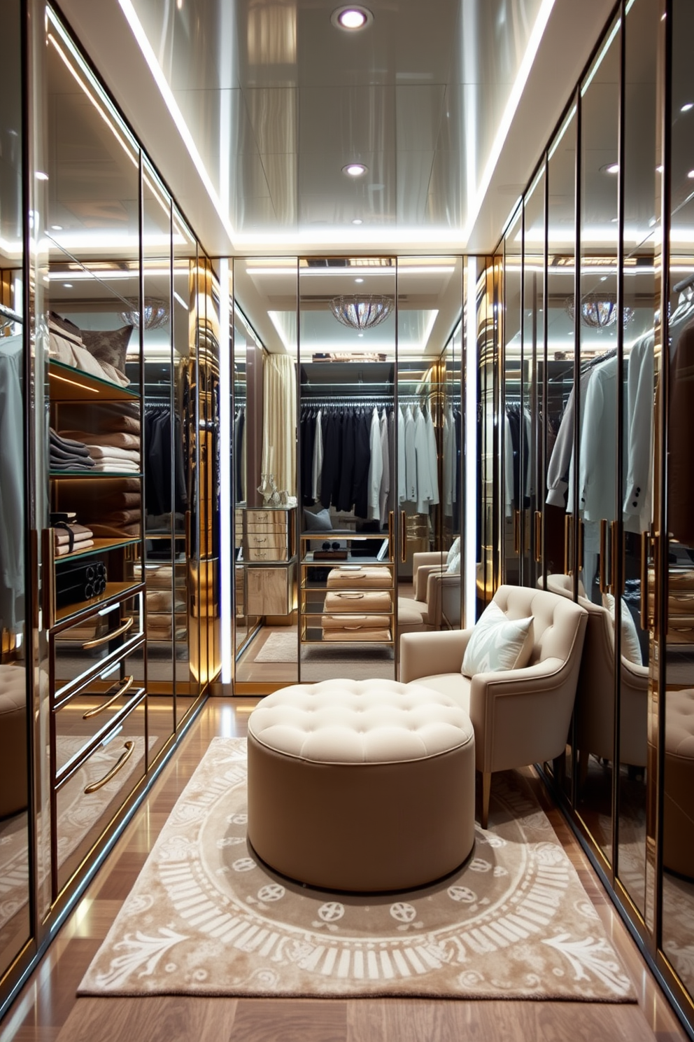 A luxurious walk-in closet featuring marble floors adorned with gold accents. The space is illuminated by a stunning chandelier, creating a glamorous atmosphere. Sleek shelving units provide ample storage for shoes and handbags, while plush seating invites relaxation. A full-length mirror enhances the elegance, reflecting the exquisite design elements throughout the room.