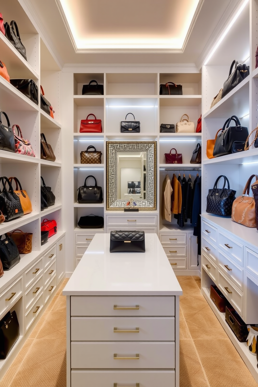 A luxurious walk-in closet featuring glass display cases for jewelry storage. The cases are elegantly illuminated, showcasing an array of sparkling accessories against a backdrop of soft, ambient lighting. The walls are lined with custom cabinetry in a rich wood finish, complemented by plush carpeting underfoot. A chic seating area is included, with a stylish ottoman placed near the center for convenience and comfort.