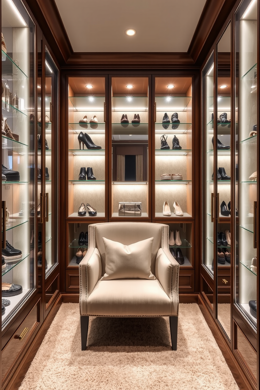 A luxurious walk-in closet featuring glass-front cabinets that showcase a curated collection of shoes and accessories. Soft ambient lighting highlights the elegant design, while a plush seating area invites relaxation amidst the stylish surroundings. The space is adorned with rich wood finishes and a plush carpet that adds warmth and comfort. Elegant mirrors are strategically placed to enhance the sense of space and reflect the beauty of the curated display.