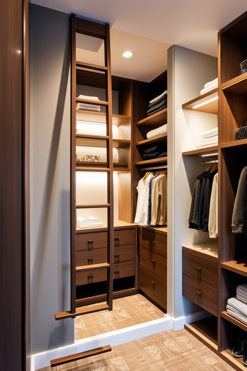 A stylish ladder rests against a wall, designed for reaching high shelves with ease and elegance. The ladder features a sleek wooden frame and a rich finish that complements the surrounding decor. The walk-in closet is designed with ample space, showcasing custom shelving and hanging areas for clothes and accessories. Soft lighting illuminates the area, highlighting the luxurious materials and finishes throughout the closet.