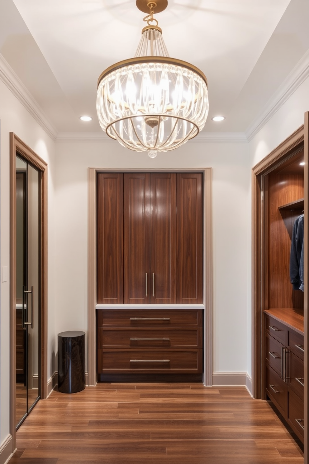 A luxurious walk-in closet featuring integrated lighting along the closet rods creates an inviting ambiance. The space is designed with custom shelving and hanging areas, showcasing a curated collection of clothing and accessories.