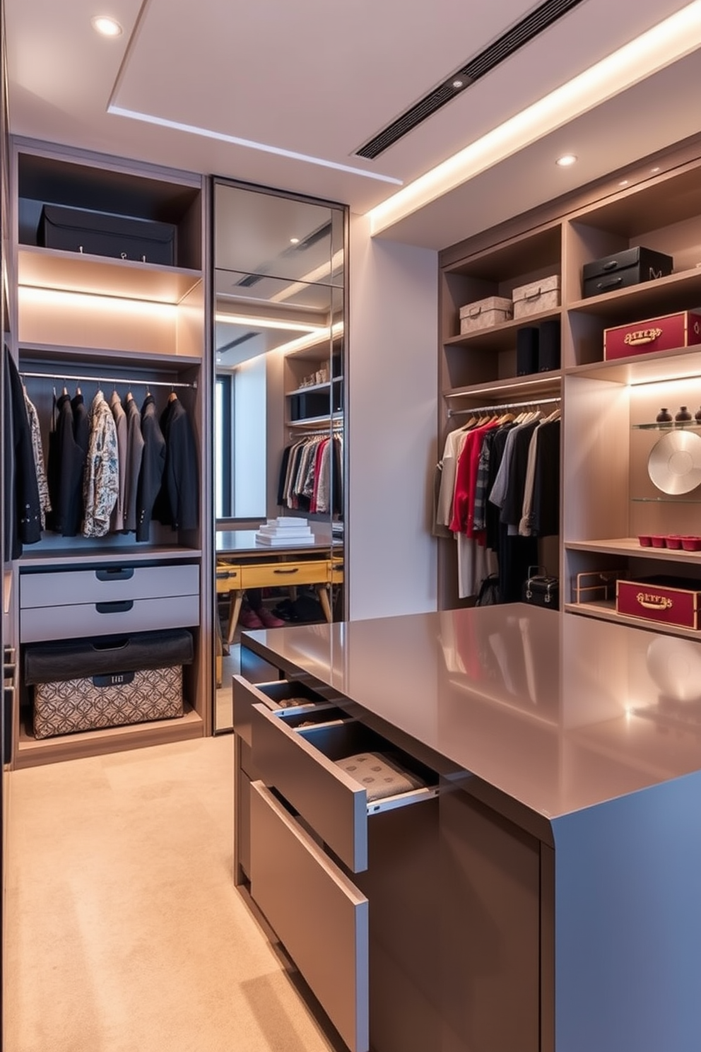 A spacious walk-in closet featuring custom shelving and drawers for personalized labeling. Soft ambient lighting highlights the organized sections, creating an inviting atmosphere for easy access to clothing and accessories.