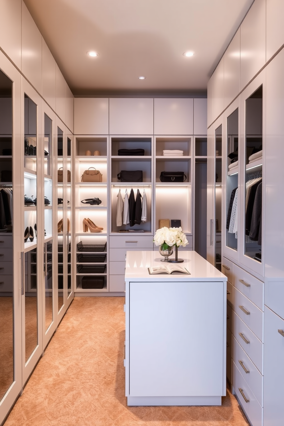 A stylish walk-in closet featuring sleek hooks for bags and accessories. The walls are lined with soft, ambient lighting that highlights the rich wood cabinetry and plush carpet. The closet includes a central island with drawers for organized storage and a full-length mirror. Elegant shelving displays an array of handbags and accessories, creating a chic and functional space.