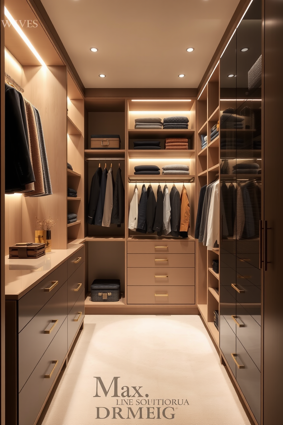 Vertical storage solutions for maximizing space in a walk-in closet. Incorporate tall shelving units and hanging rods to utilize the full height of the room while maintaining an organized and stylish appearance. Elegant walk-in closet design ideas that feature a combination of open and closed storage. Use soft lighting and luxurious materials to create a sophisticated ambiance that enhances the overall aesthetic of the space.