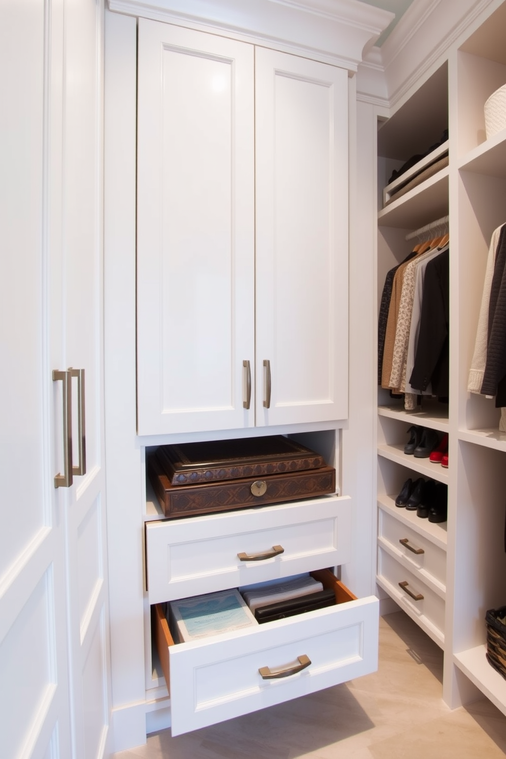 Custom built-in shelving for shoes creates a stylish and organized space, showcasing an array of footwear while maximizing storage. The shelves are crafted from rich wood, featuring soft LED lighting that highlights each pair, enhancing the overall aesthetic of the closet. Elegant walk-in closet design ideas incorporate luxurious materials such as plush carpeting and mirrored accents to create a sophisticated atmosphere. Ample space for hanging clothes, accessories, and a dedicated seating area provide both functionality and comfort, making it a personal retreat.