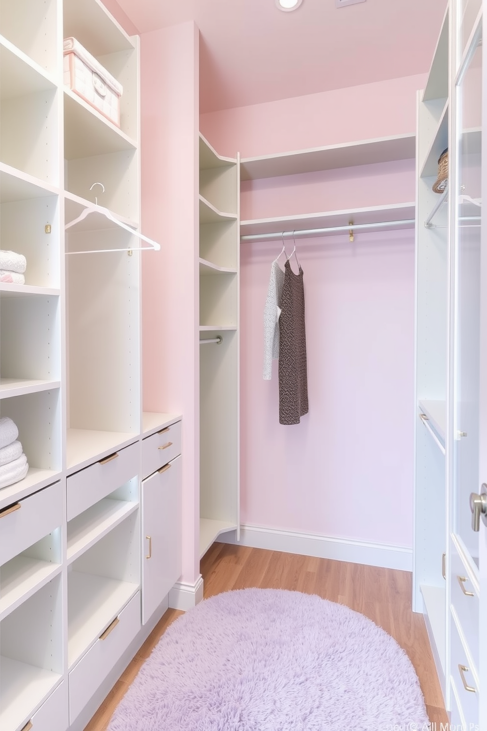 A serene walk-in closet featuring soft pastel colors creates a calming atmosphere. The walls are painted in a gentle blush pink, and the shelving is designed with a light mint green finish. Stylish hanging racks are adorned with delicate gold accents, enhancing the elegance of the space. A plush area rug in a soft lavender hue complements the overall design, inviting comfort and tranquility.