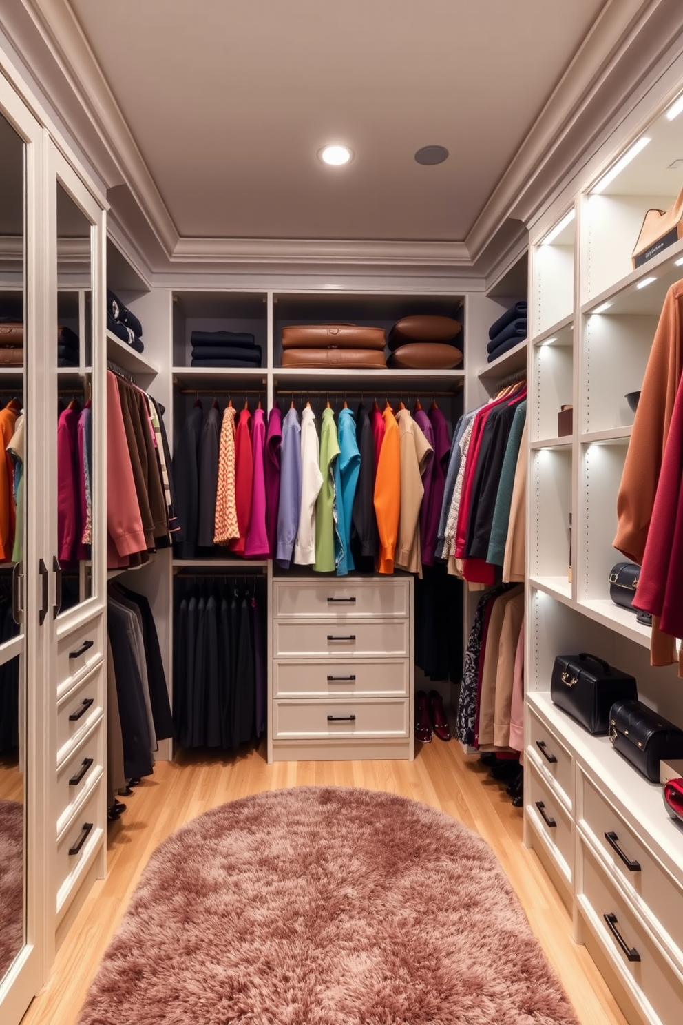 A neutral color palette with bold accents creates a striking visual impact in a walk-in closet. The walls are painted in a soft beige, while vibrant pops of color come from accessories like bright handbags and shoes displayed on shelves. The layout features custom shelving and drawers that maximize storage while maintaining an elegant aesthetic. Soft lighting highlights the space, and a plush area rug adds warmth underfoot, making the closet both functional and inviting.