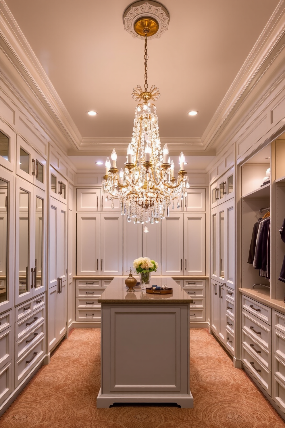 Elegant chandelier as a focal point. A grand crystal chandelier hangs from a coffered ceiling illuminating the room below with warm light. The chandelier's intricate design features cascading crystals that reflect light beautifully, creating a luxurious ambiance. Elegant Walk-In-Closet Design Ideas. The walk-in closet boasts custom cabinetry with soft-close doors and built-in lighting that highlights the organized space. Plush carpeting underfoot adds a touch of comfort, while a central island provides additional storage and a stylish display area for accessories.