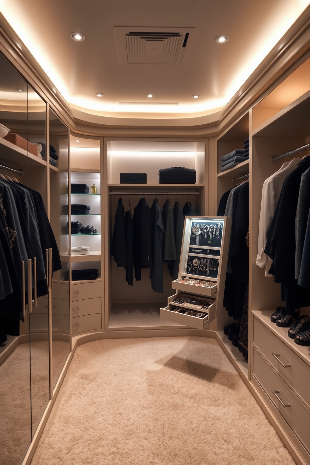 A luxurious walk-in closet featuring a built-in jewelry organizer for easy access. The space is adorned with soft ambient lighting, elegant shelving, and plush carpeting, creating a sophisticated atmosphere.