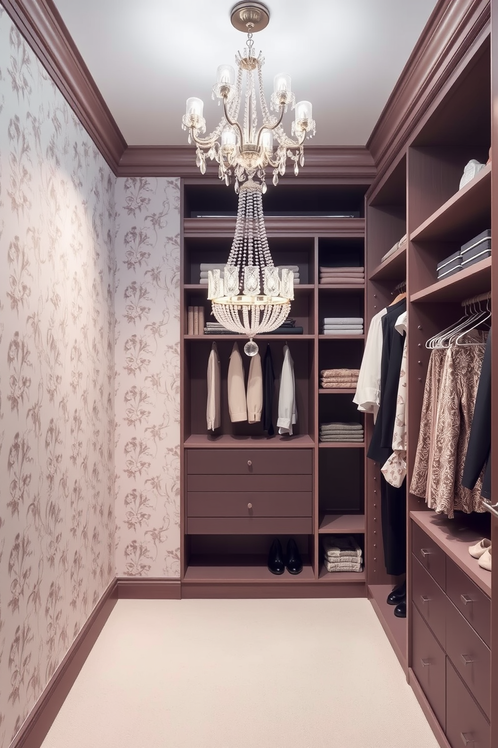 Stylish wallpaper for a personal touch. The wallpaper features a delicate floral pattern in soft pastel colors that creates a warm and inviting atmosphere. Elegant Walk-In-Closet Design Ideas. The closet is designed with custom shelving and hanging space, incorporating a chic chandelier that adds a touch of luxury to the overall aesthetic.